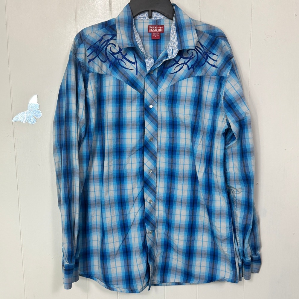Red Ranch XL Western Shirt Blue Plaid Embroidered Long Sleeve Cowboy Rodeo